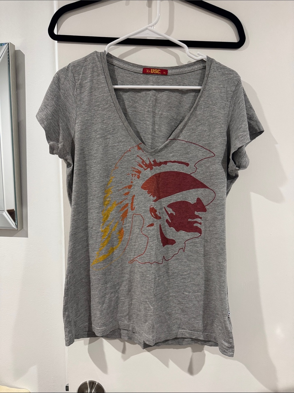 Gray V-Neck Short Sleeve Tee with Cardinal & Gold Trojans Graphic